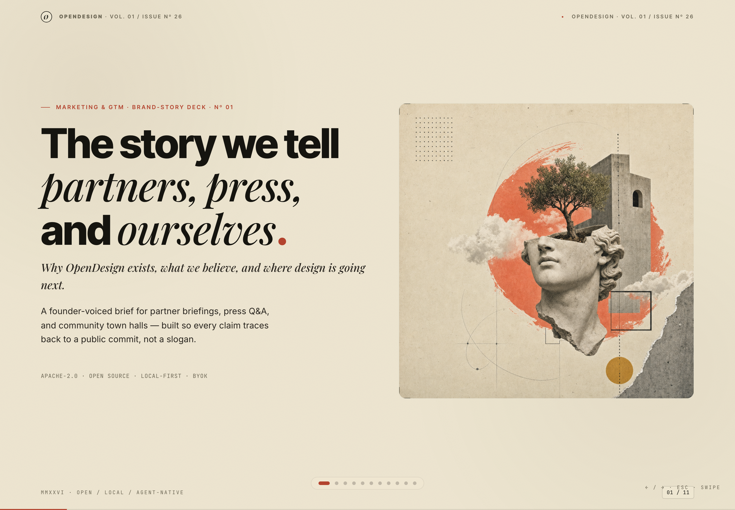 Cream presentation cover pairing bold black-and-italic typography with a sculptural head and architectural collage.