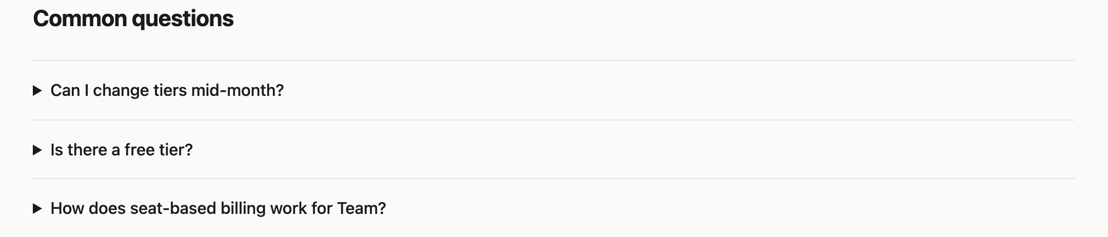 The pricing questions use separated disclosure rows for tier changes, free access, and seat-based billing.