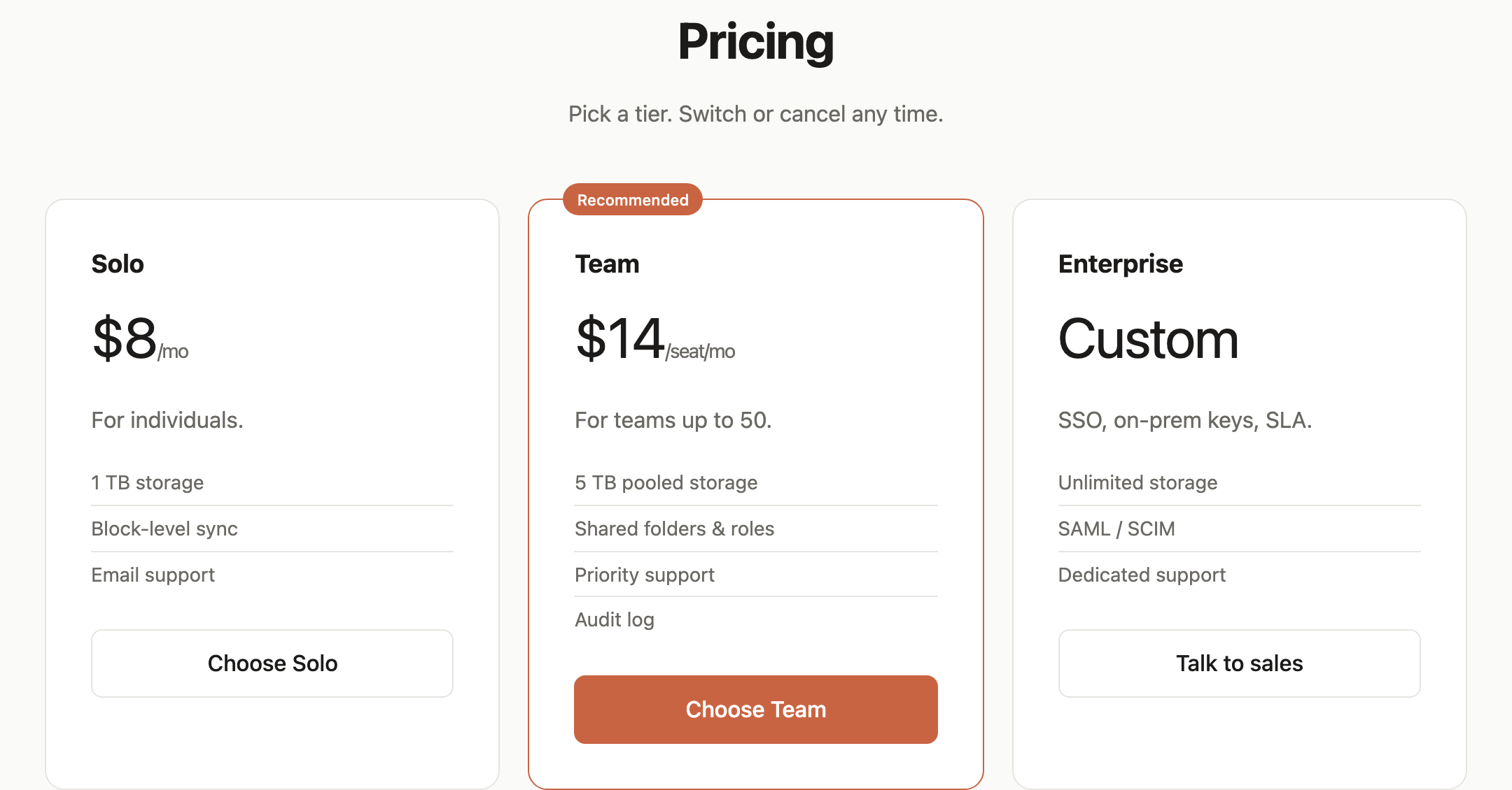 The pricing comparison shows Solo, Recommended Team, and Enterprise cards with different pricing units and feature depth.