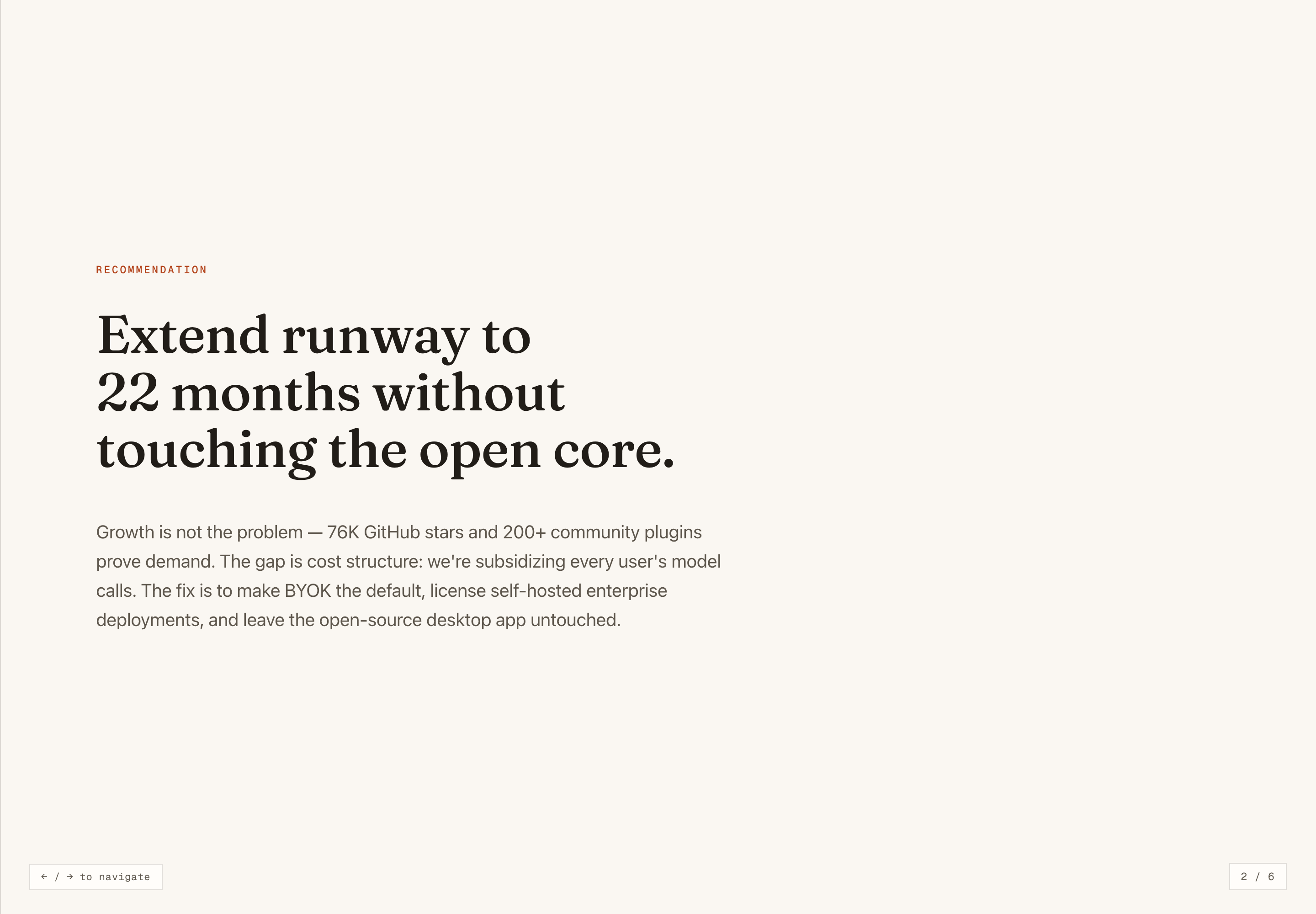 Left-aligned serif recommendation and supporting paragraph on a spacious cream slide, with a two-of-six counter.