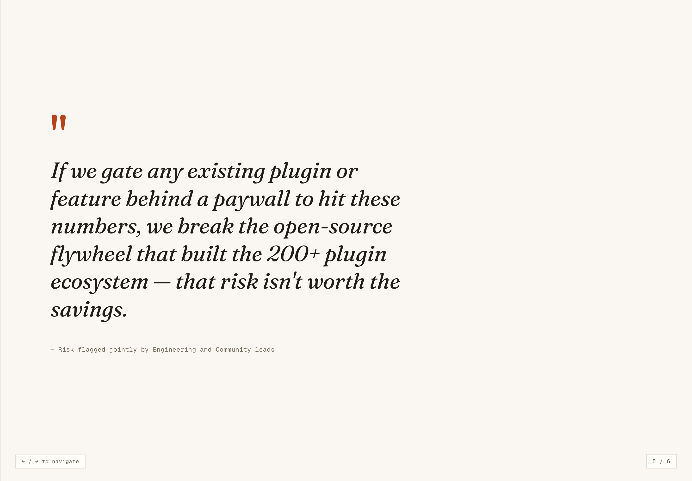 Italic serif quotation with a rust quotation mark and small attribution on a cream slide.