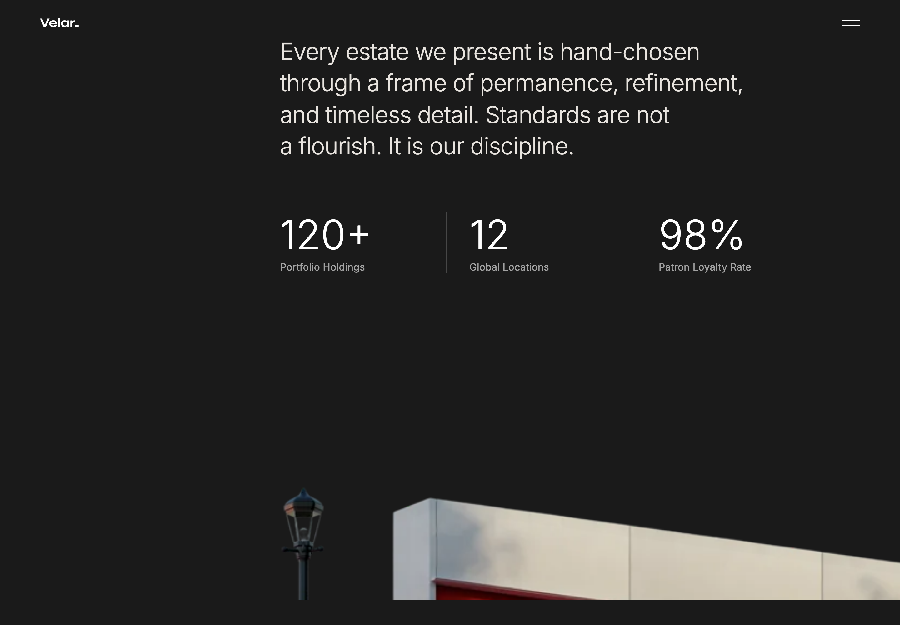 The dark statement section places Velar's selection language above three illustrative metrics separated by vertical rules.