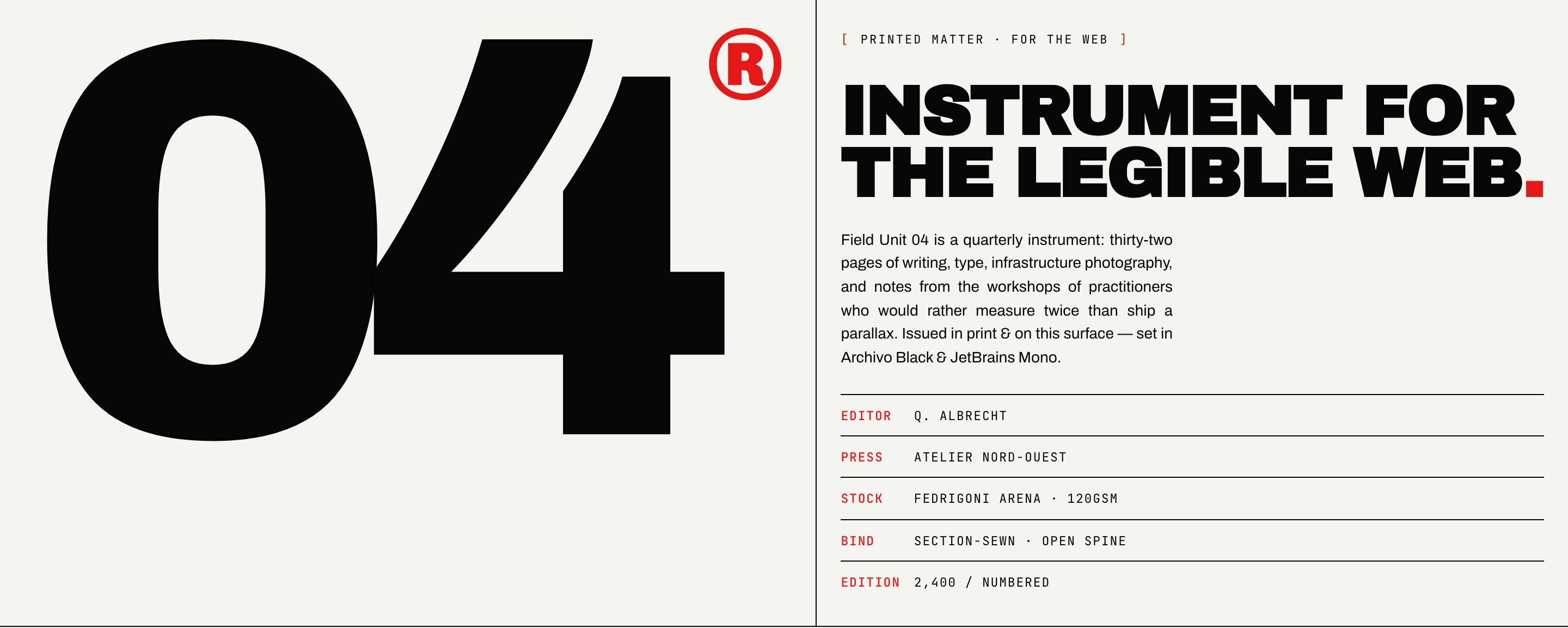 Cream editorial hero with an oversized black issue number, red registered mark and tightly structured publication details.