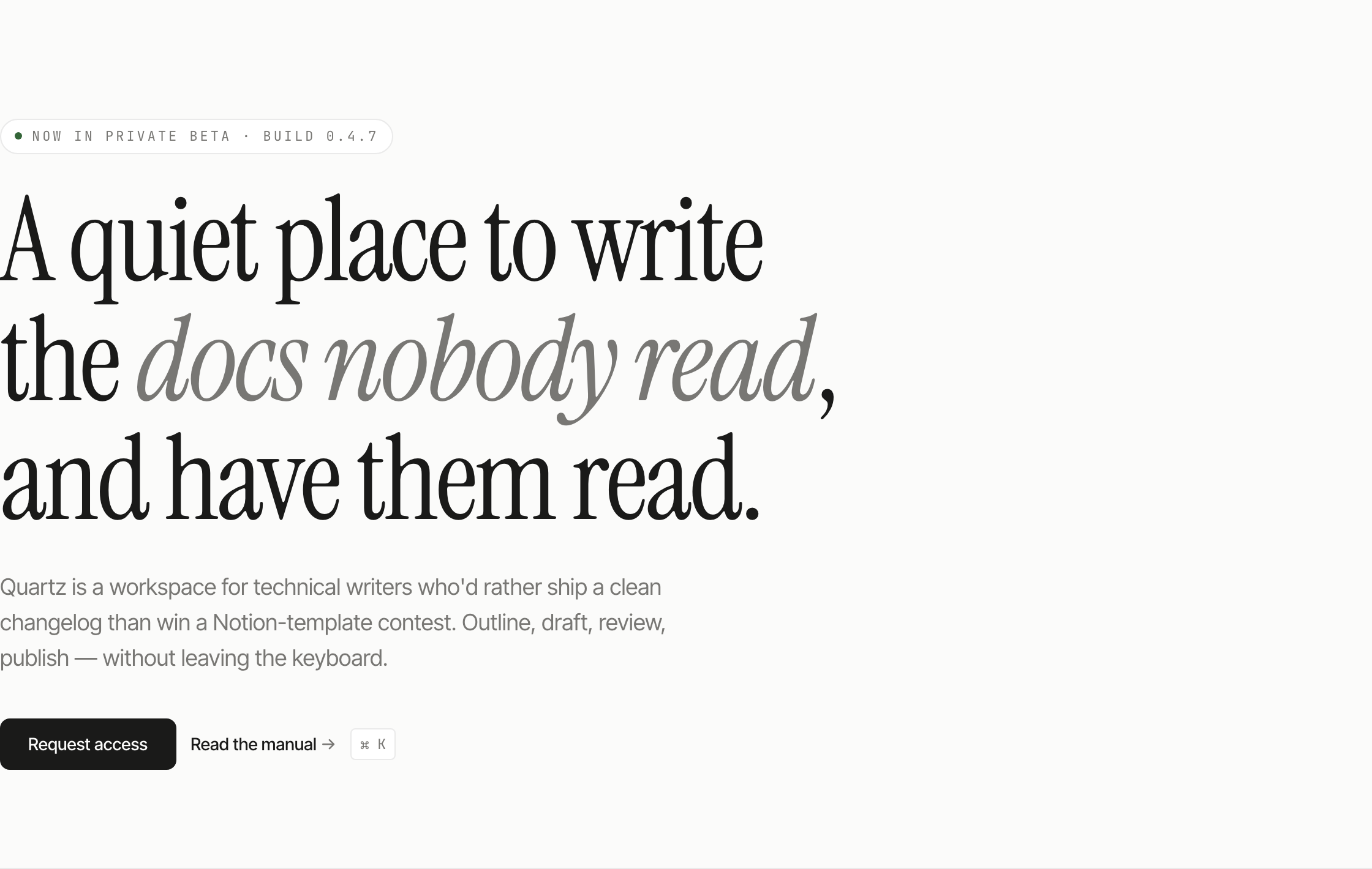 White writing-tool landing hero with large serif typography, italic emphasis and two small action buttons.