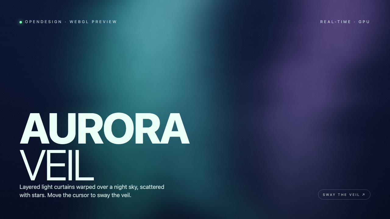 Broader teal and purple aurora bands behind the white title and small bottom-right interaction hint.