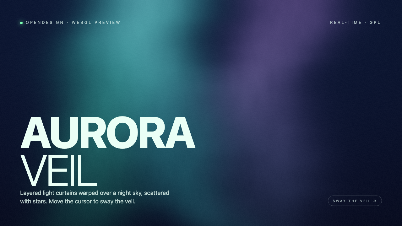 A shifted teal light curtain and violet glow behind the same white title on a dark shader canvas.