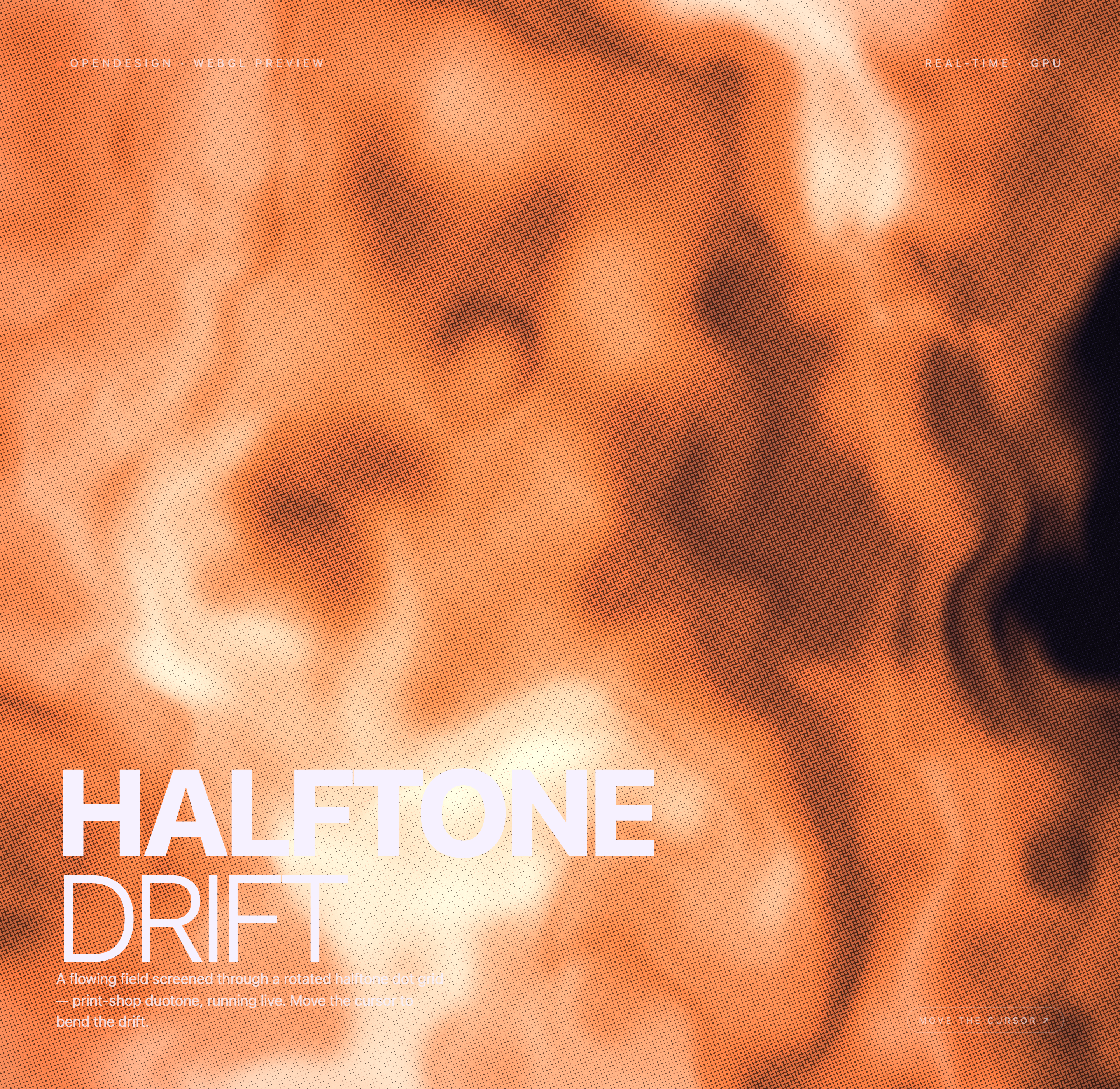 A motion state keeps the fixed overlay while the halftone field shifts into darker central bands and brighter surrounding regions.