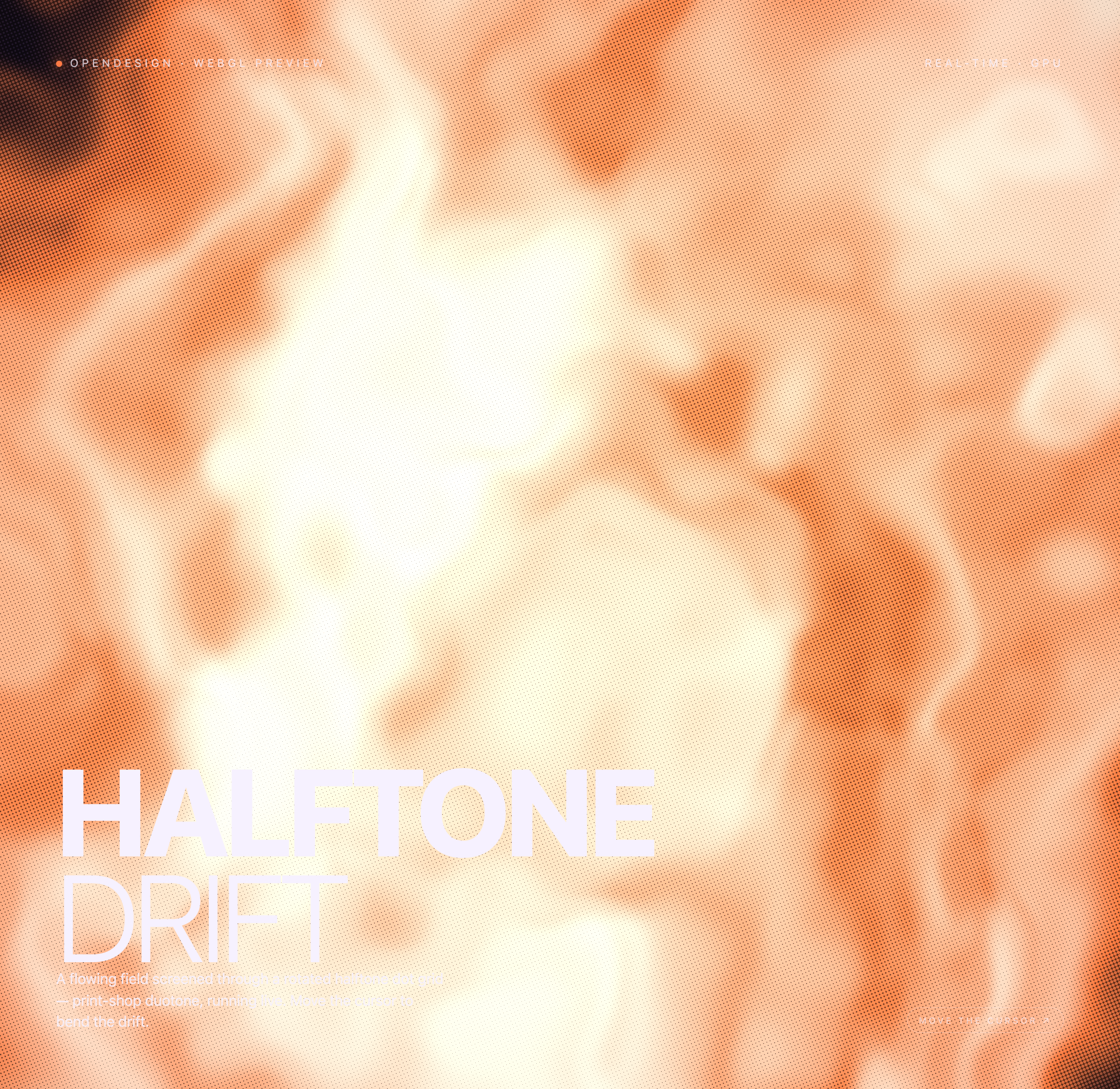 A bright cream fluid flare surrounded by orange shading behind white halftone typography.
