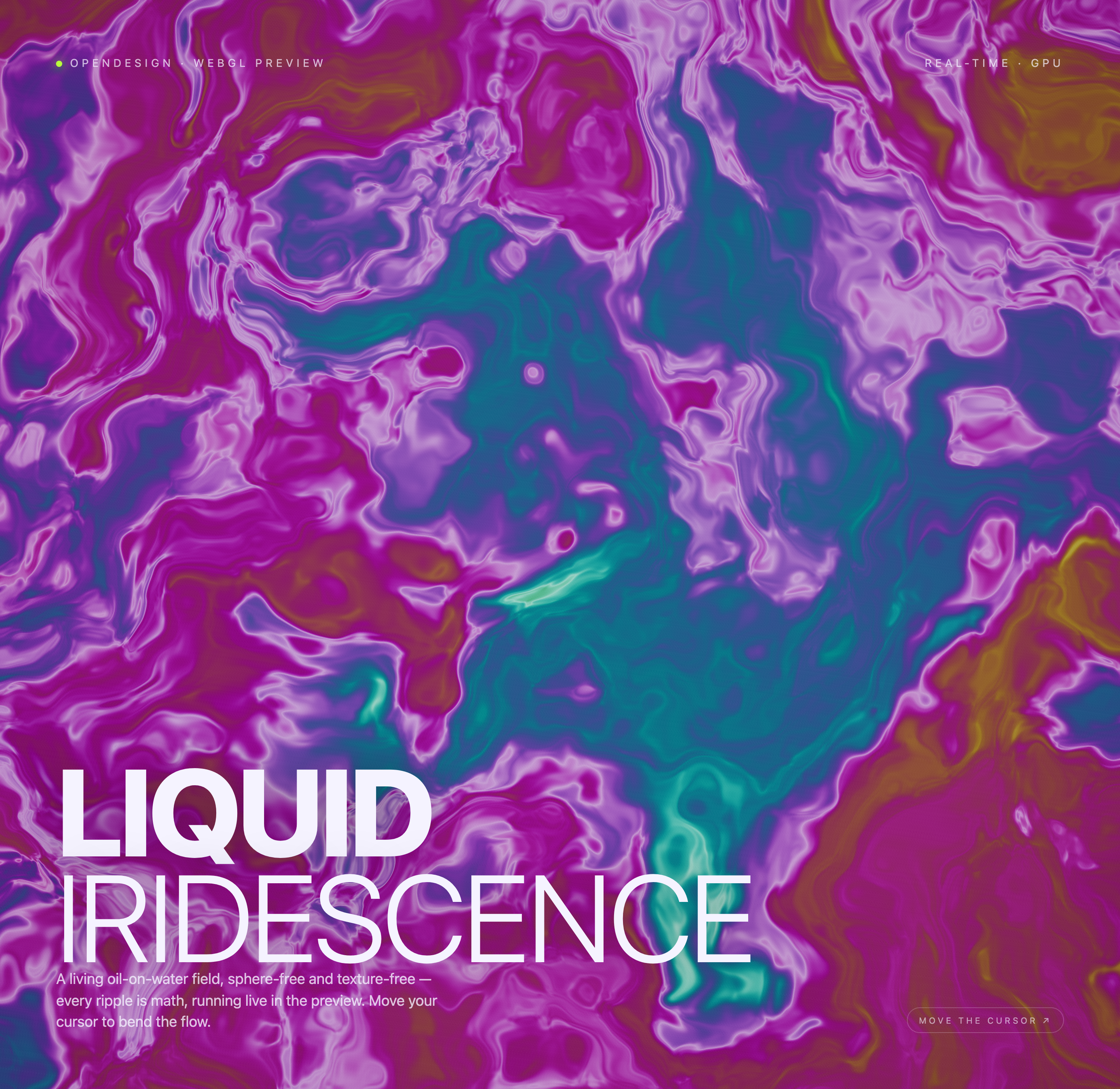 Swirling pink and turquoise liquid bands fill the canvas behind a large white two-line title.