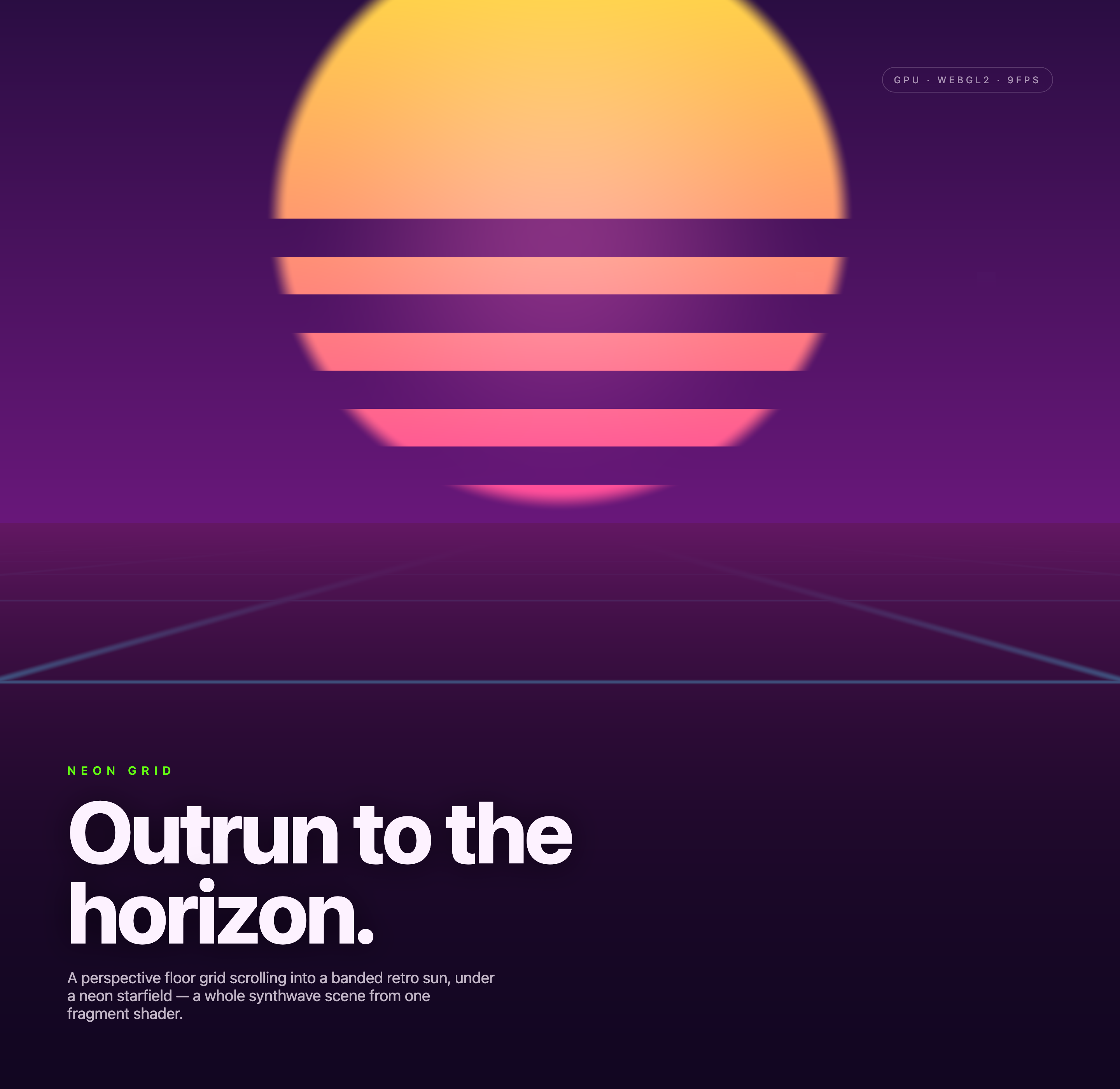 Large striped orange-and-pink sun above a purple perspective grid with bold white lower-left typography.