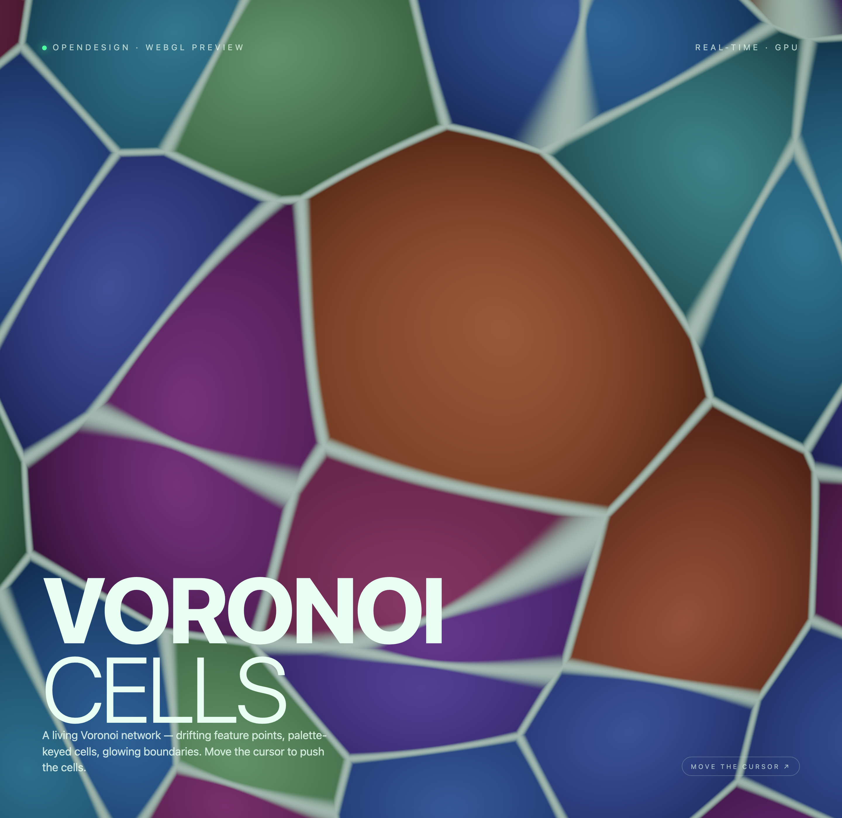 Large blue, green, purple and orange polygonal cells separated by pale borders behind white typography.