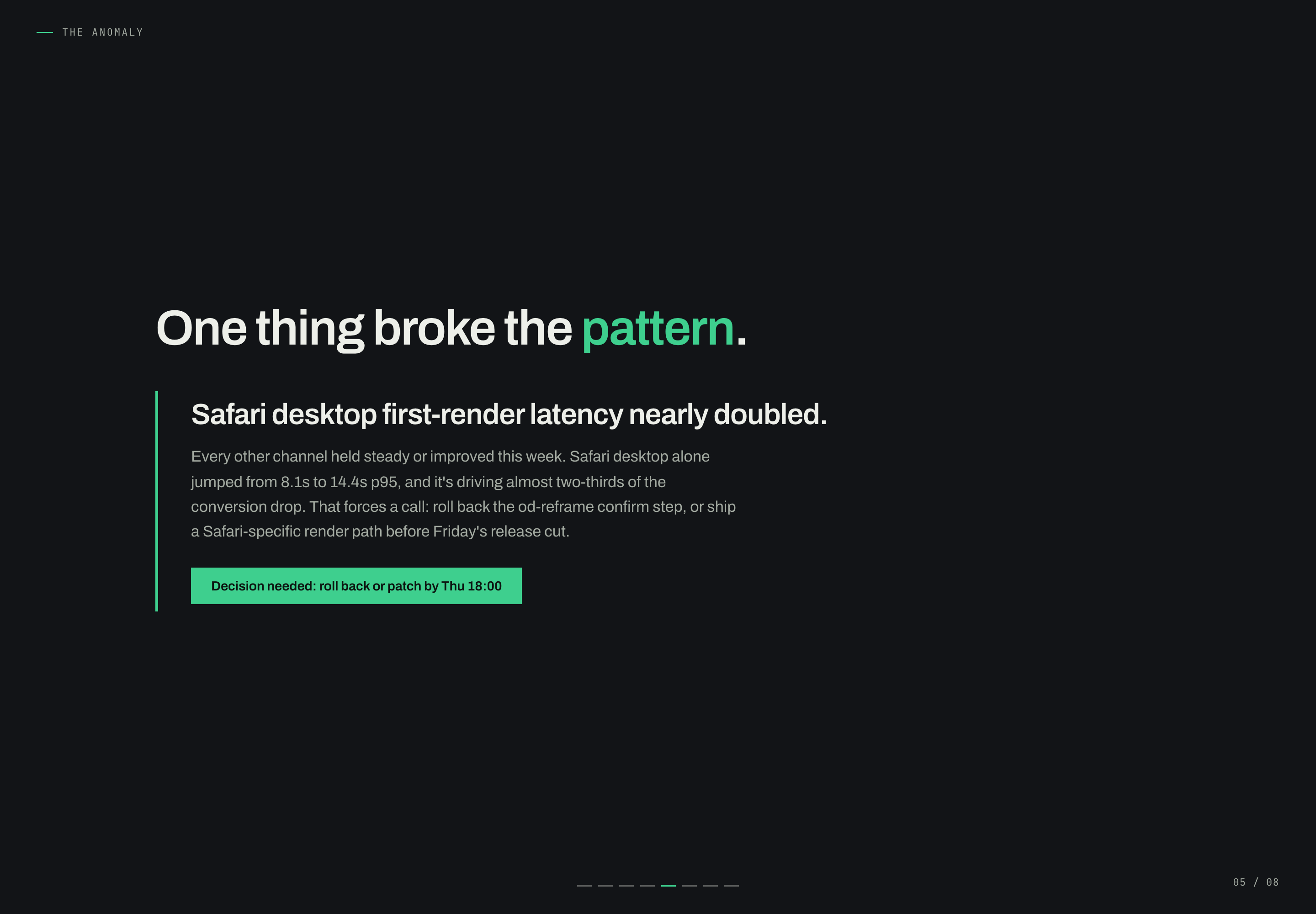Highlighted latency diagnosis and a mint action strip beneath a short dark-slide headline.