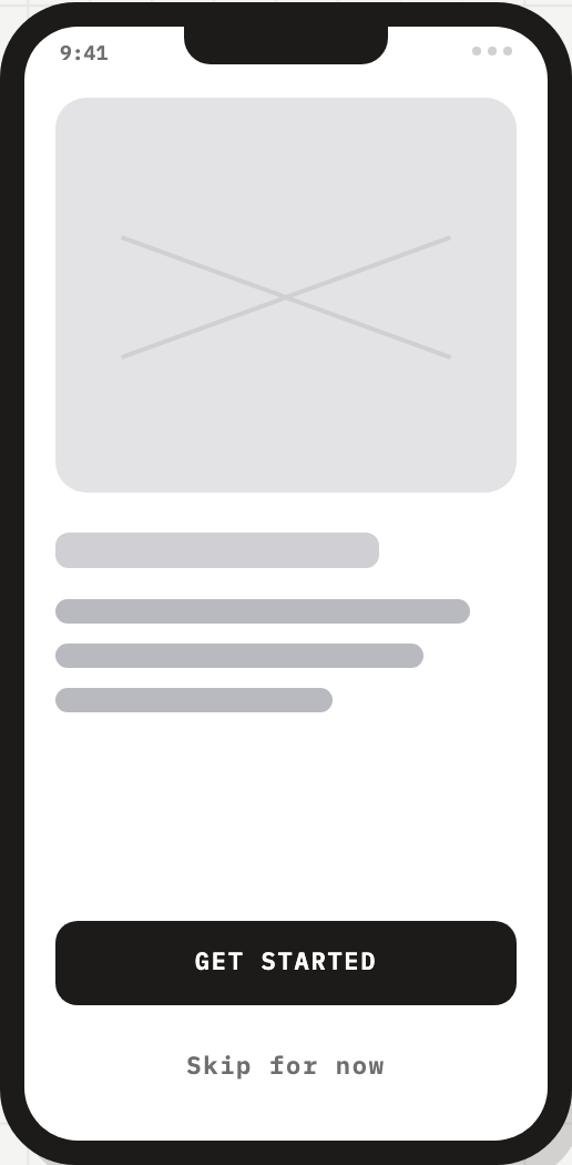 Marketplace welcome phone wireframe with a large media placeholder, a title bar, three supporting text bars, GET STARTED and Skip for now labels.