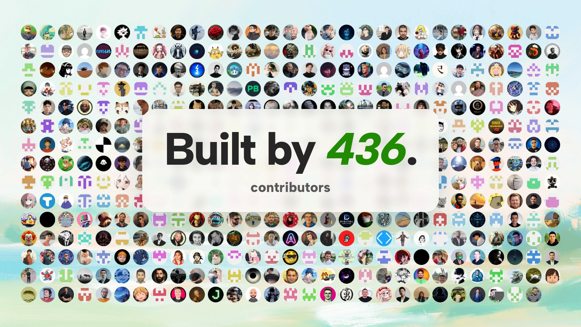 Built by 436: a frosted panel over a full grid of contributor avatars.