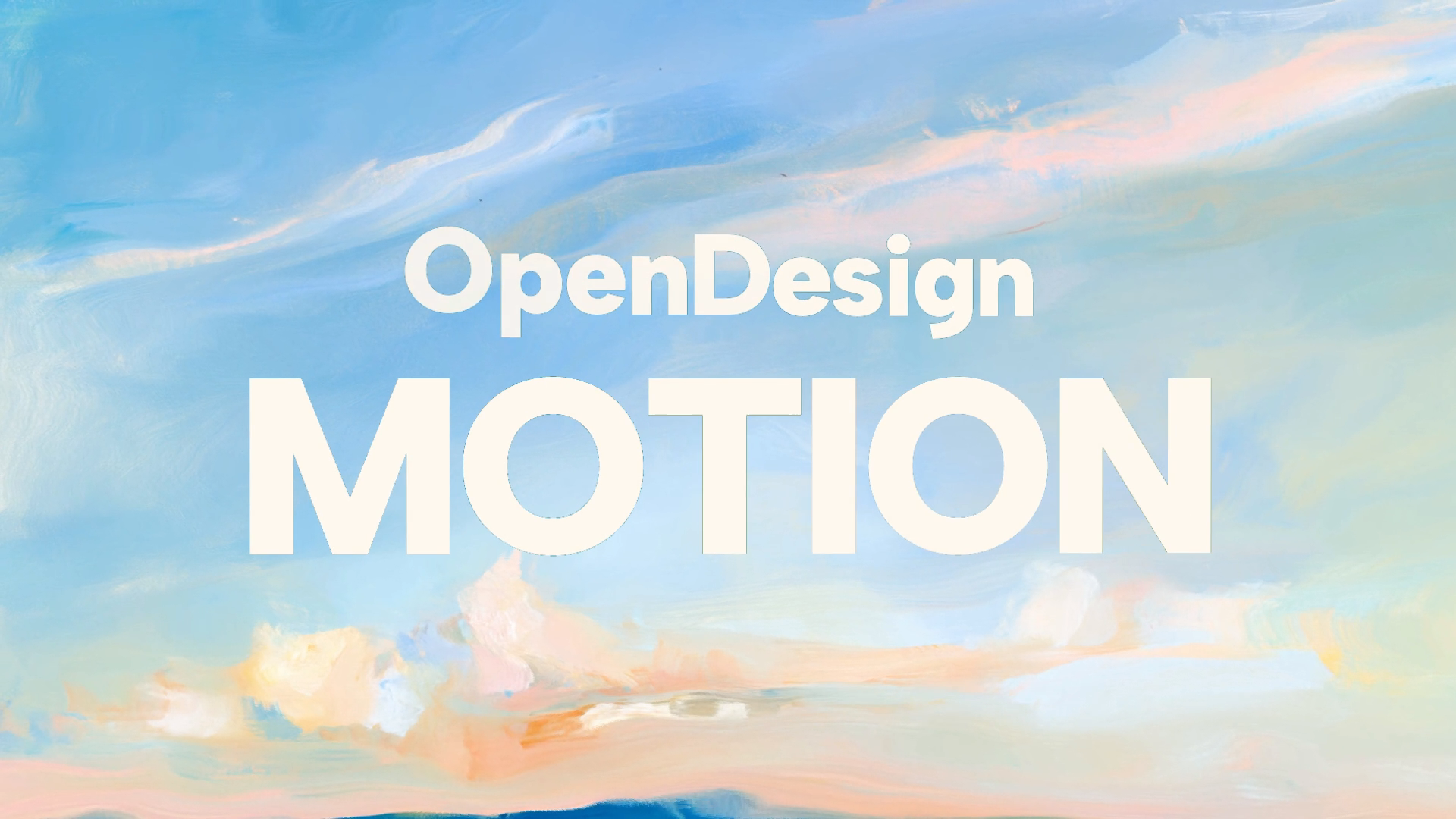 Large white OpenDesign MOTION lettering over a blue and cream painterly sky.