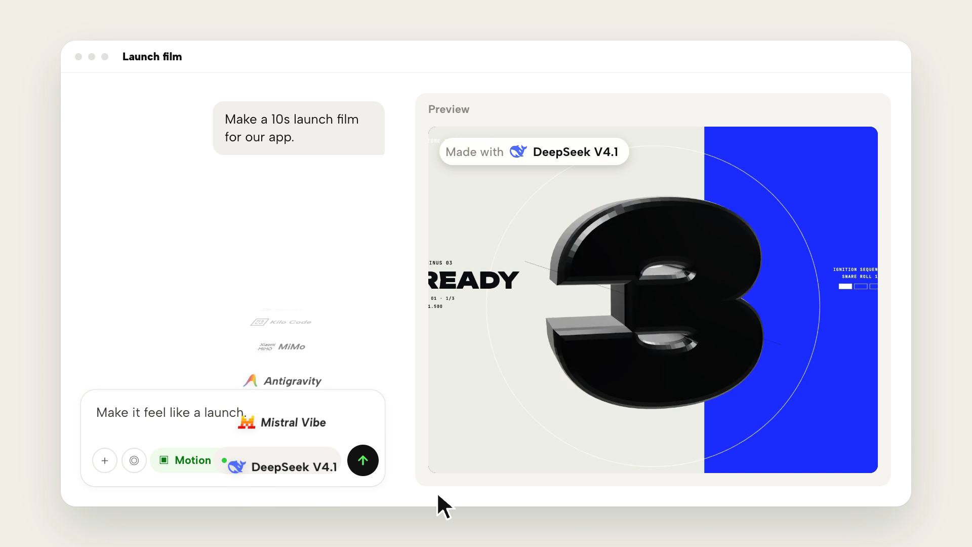 A depicted launch-film workspace pairs a left prompt area with a right preview dominated by a black numeral three and blue panel.