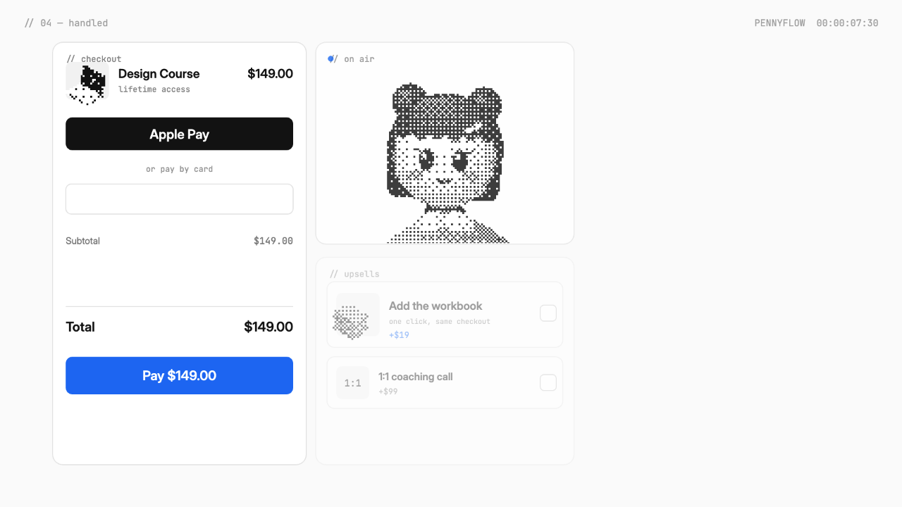 Pennyflow checkout board with a course price, payment fields, optional products and a mascot panel.
