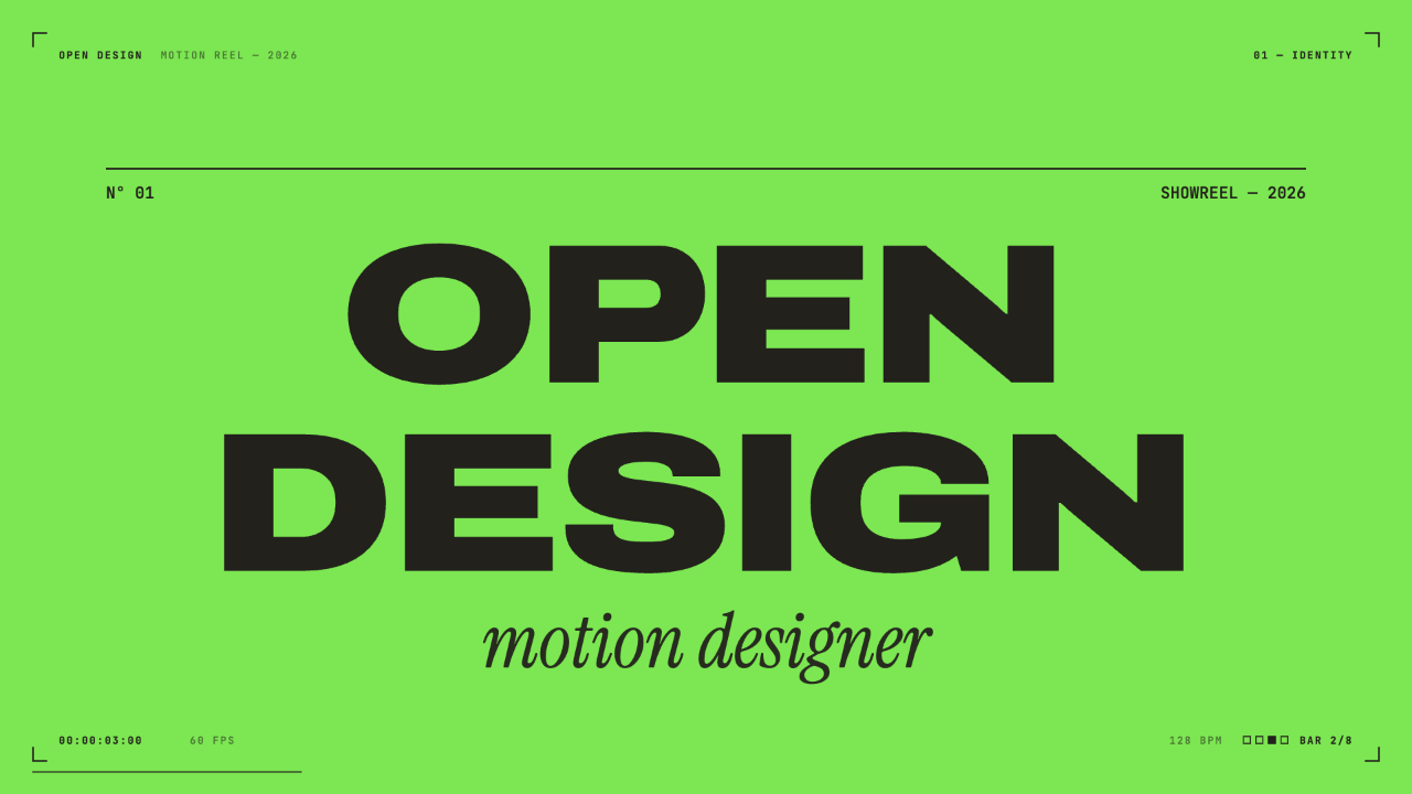 Large black OpenDesign lettering and an italic motion designer subtitle on a bright green identity card.