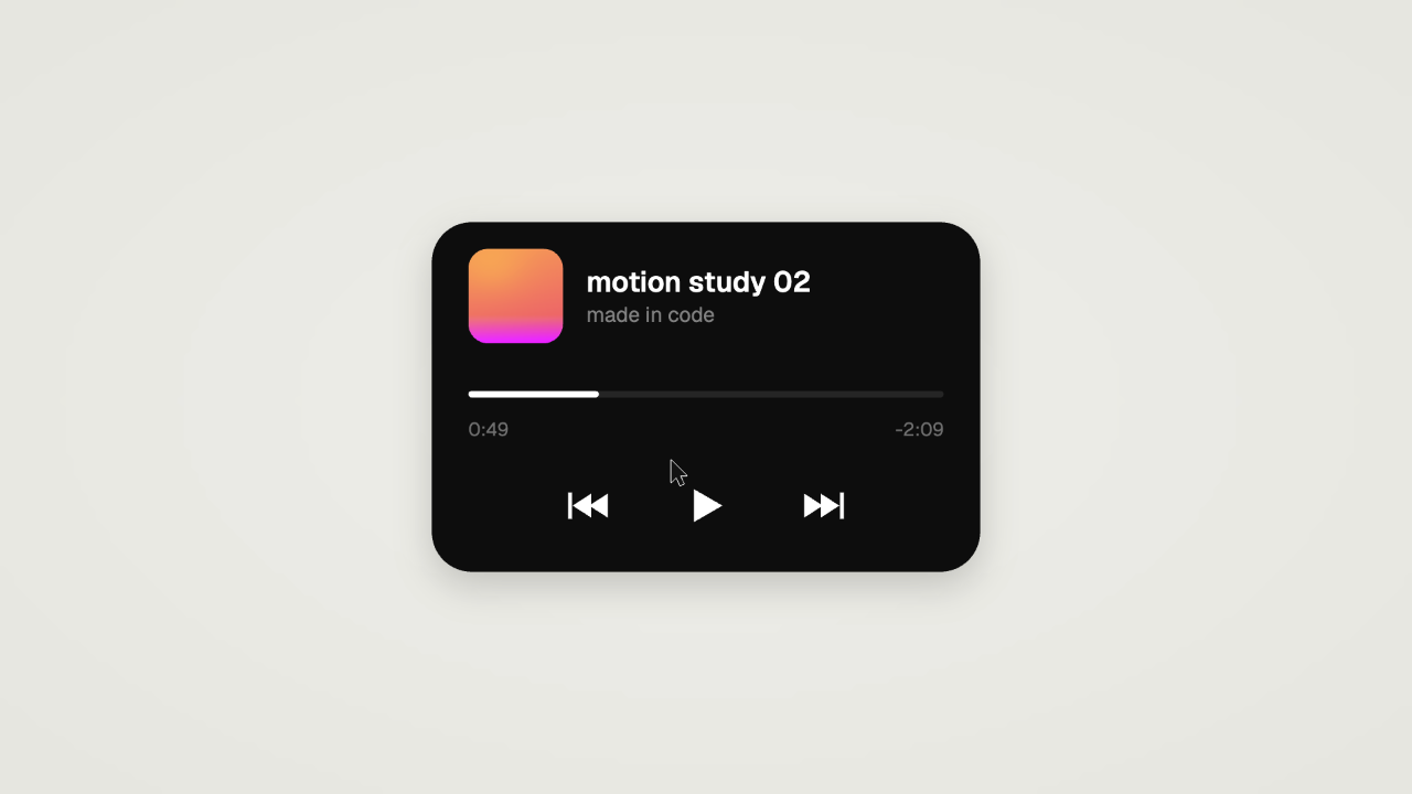 A black music-player card with a gradient album tile, progress bar and playback symbols.