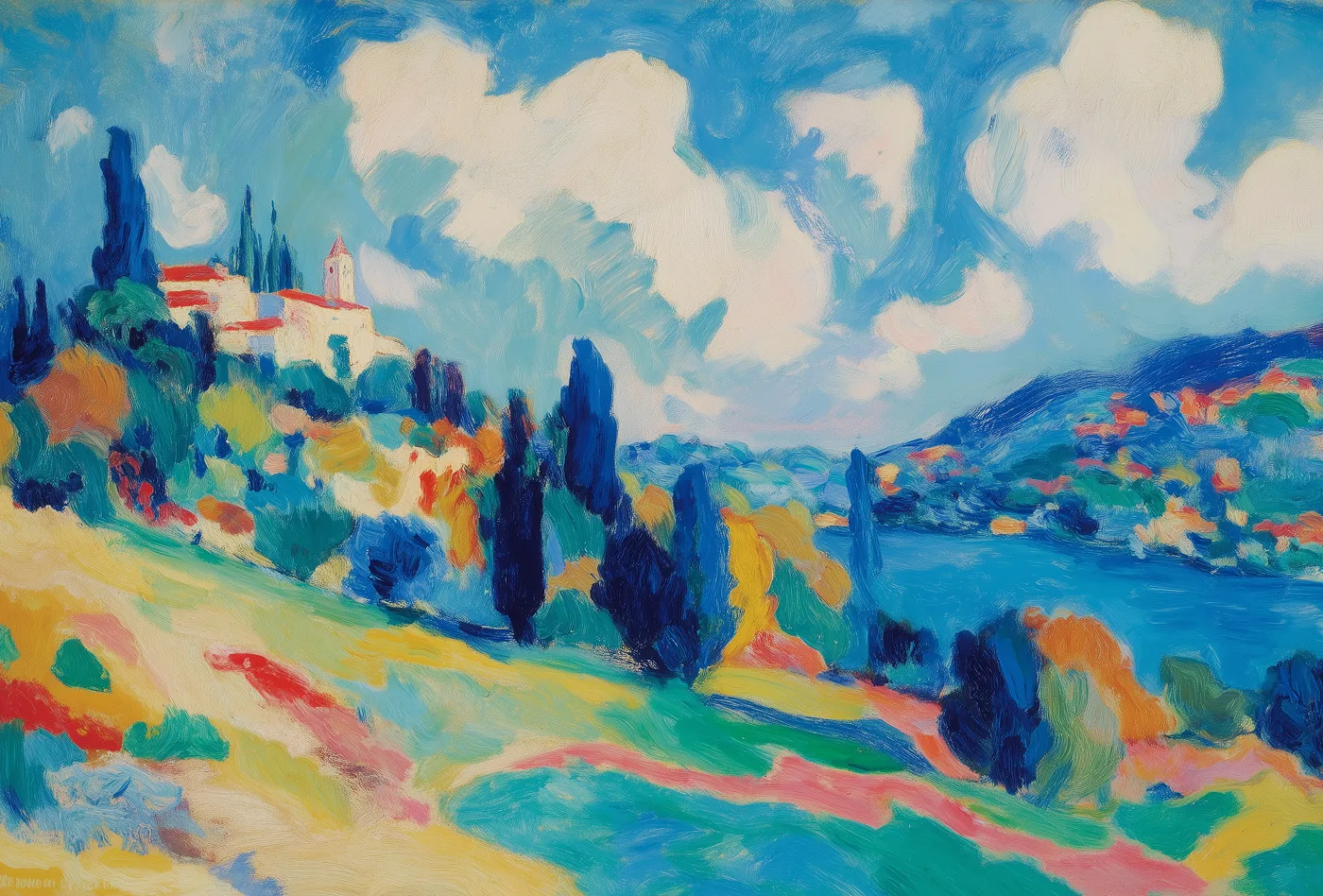 Oil painting of a hillside village above a blue bay, in the painterly style used across the OpenDesign site