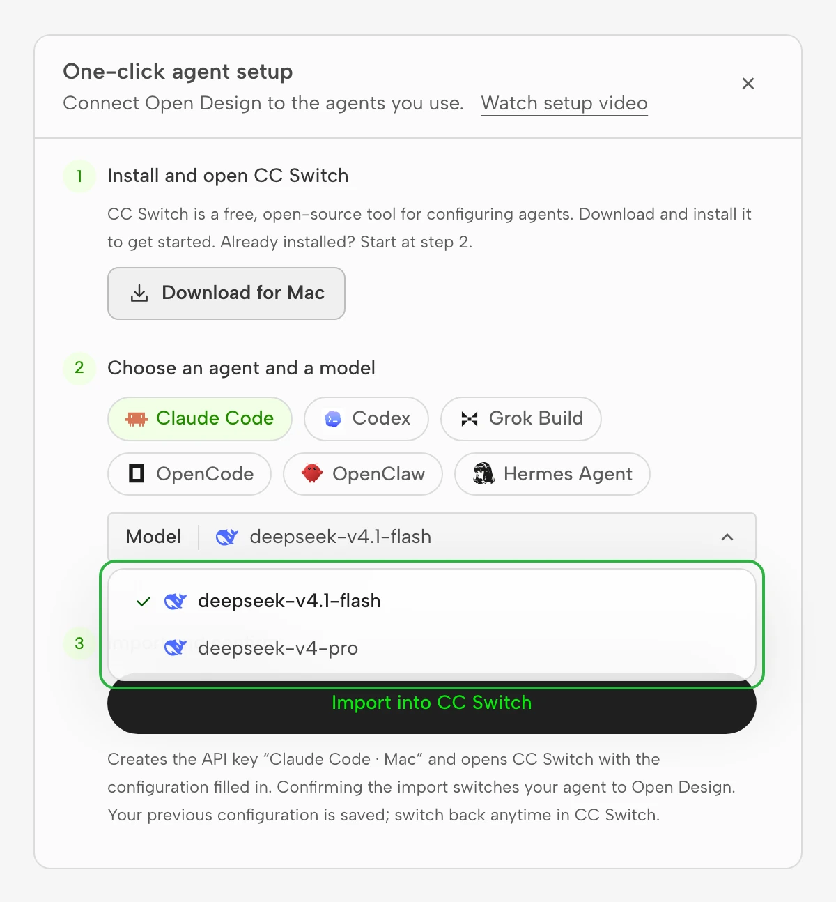 Step 2 of the setup dialog, with six Agents and the model list