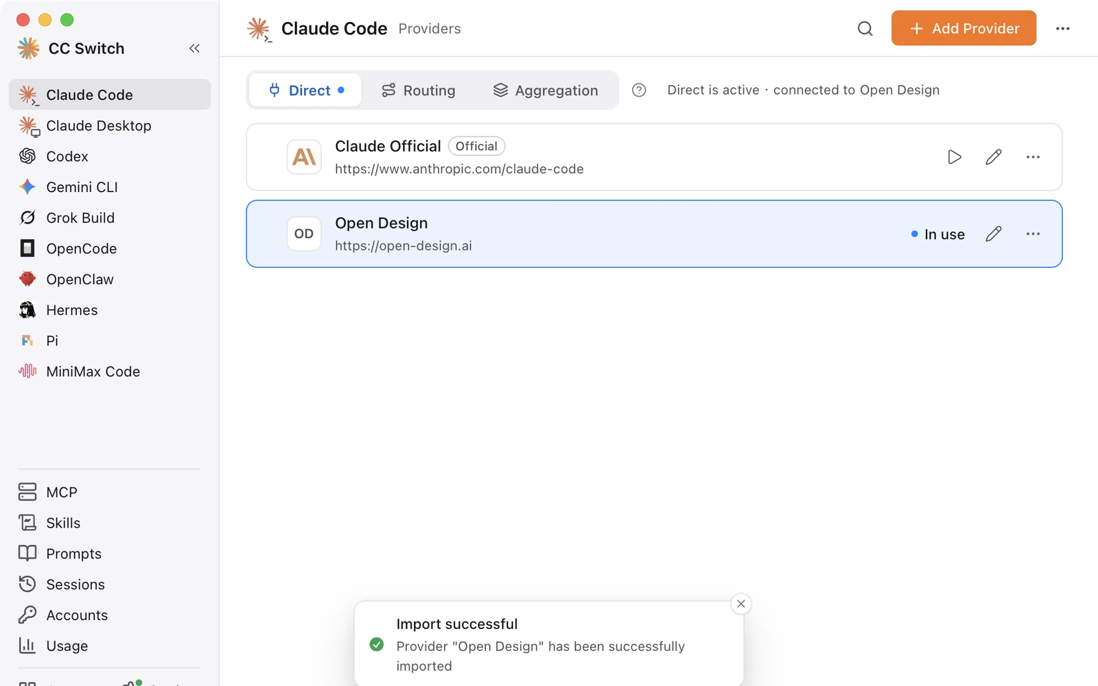The CC Switch provider list with Open Design in use