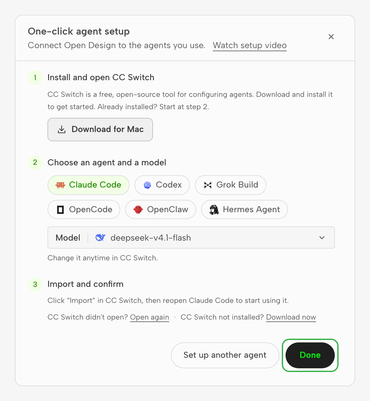 The setup dialog after the import, with Set up another agent and Done at the bottom